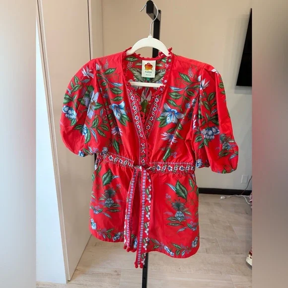 Farm Rio: Red Sweet Bloom Bouquet Organic
Cotton Romper / Mini Dress - Picture 7 of 11